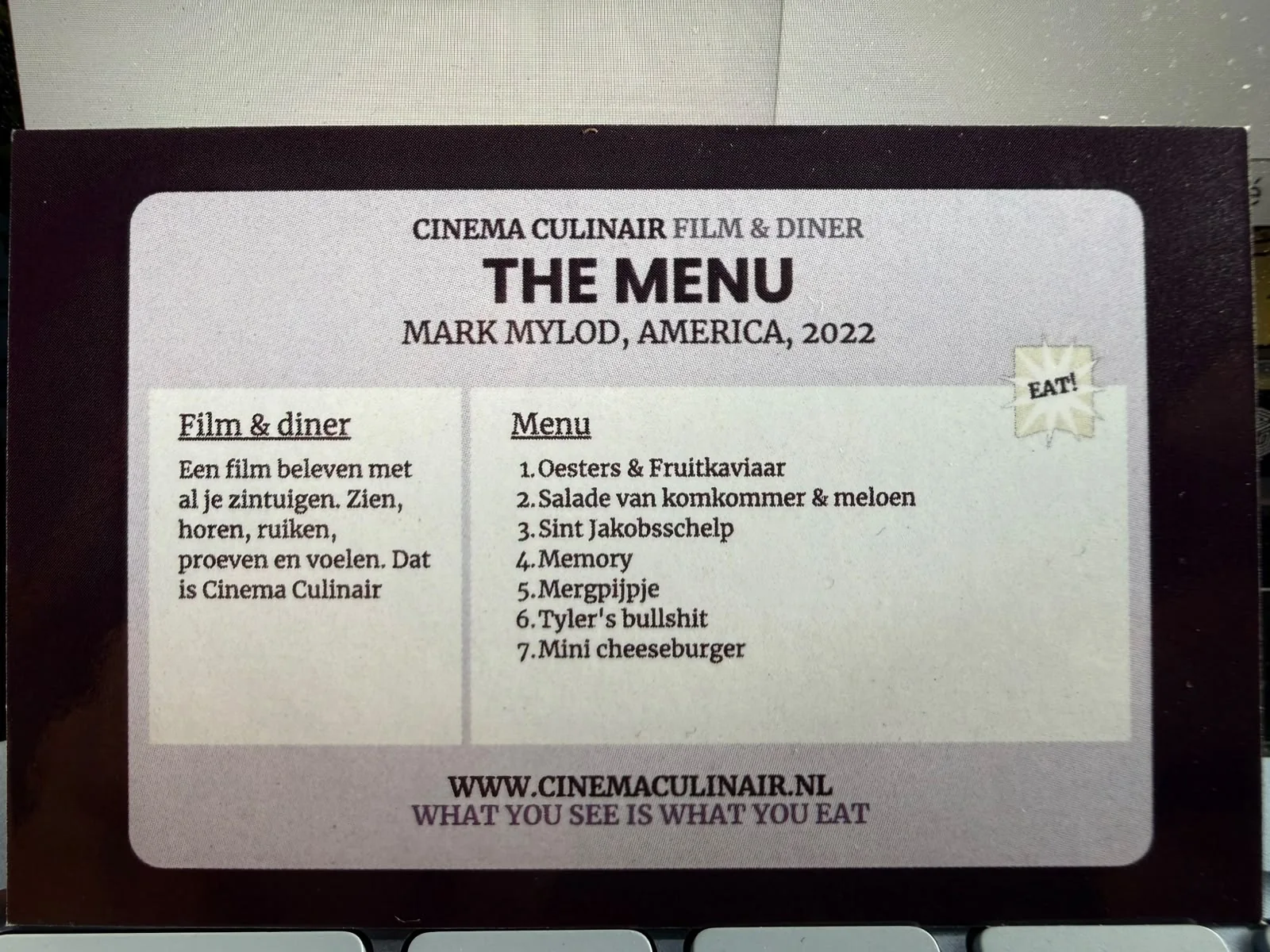 Carte du menu The Menu détaillant les sept services de Cinema Culinair à Gand.