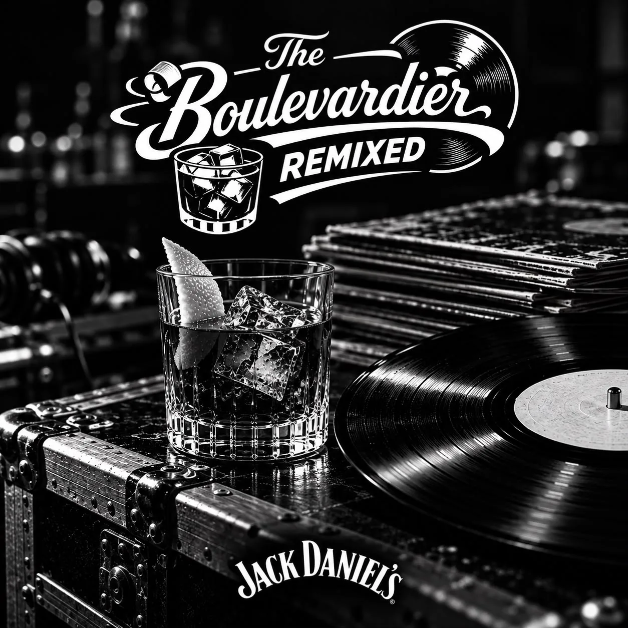 Visuel officiel de The Boulevardier Remixed 2026, concours de cocktails Jack Daniel's à Bruxelles : verre de Boulevardier sur glace à côté d'un disque vinyle.