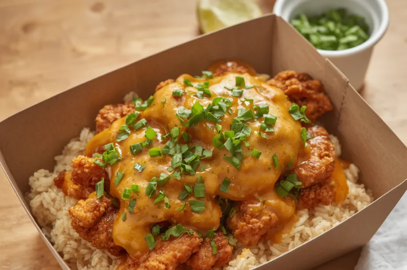 Bol de poulet frit croustillant nappé de sauce orange et de ciboulette, servi sur lit de riz dans une boîte kraft.