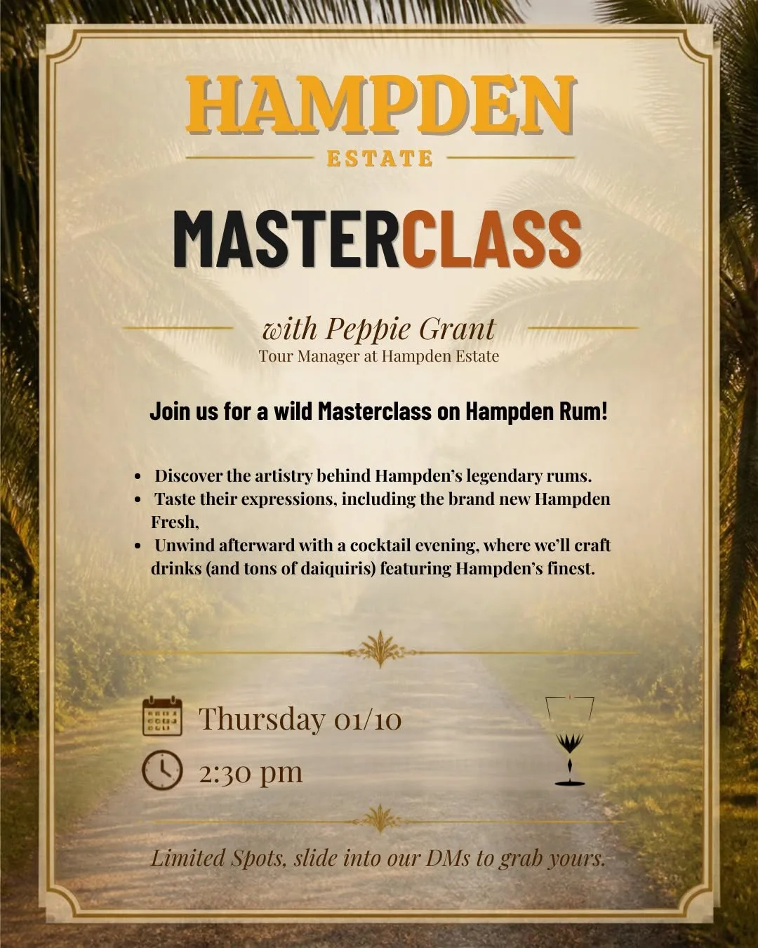 Affiche de la Hampden Rum Masterclass avec Peppie Grant, Tour Manager chez Hampden Estate, chez The Modern Alchemist à Bruxelles.