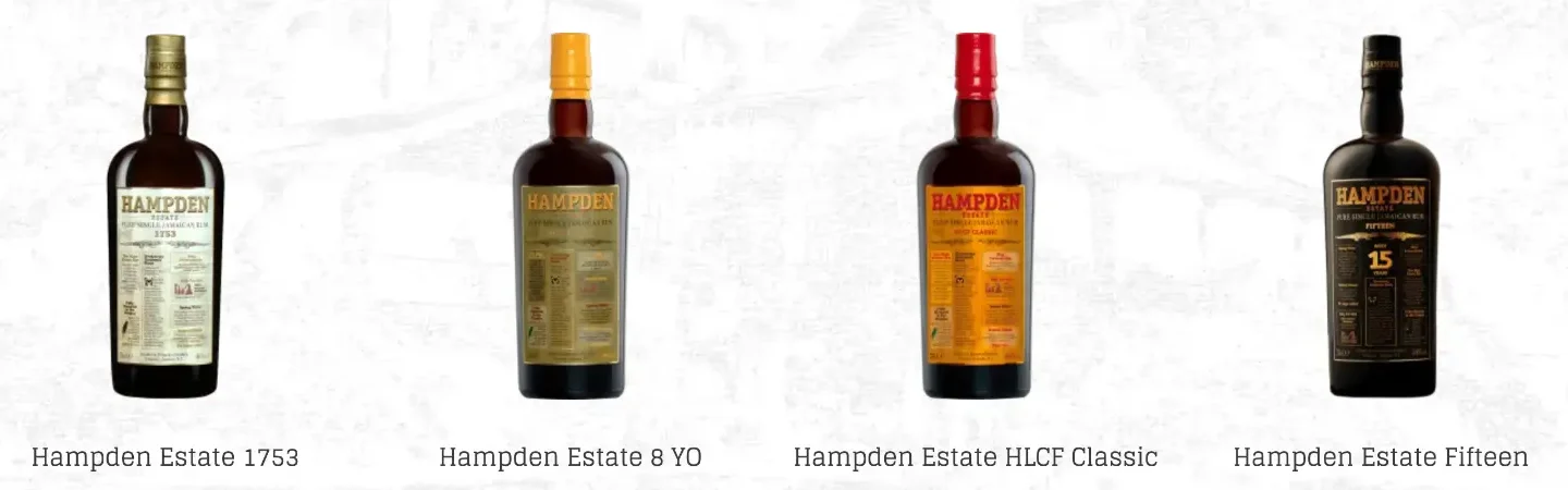 Gamme Core Range des rhums jamaïcains Hampden Estate : 1753, 8 ans, HLCF Classic et Fifteen.